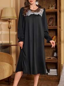 女式法式优雅蕾丝边长款睡袍 - 黑色 - 查看 1