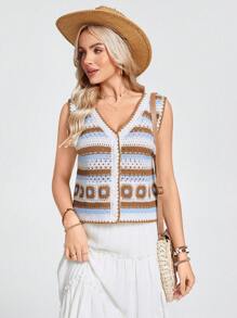 Wildy Atuendo de estilo boho, festival y western para primavera y vacaciones de mujeres, suéter casual de punto de ganchillo colorido