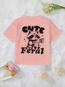 SHEIN 年轻女孩休闲时尚舒适简约“CUTE BUT FERAL”浣熊字母印花短袖 T 恤，春夏 - 粉色 - 查看 2