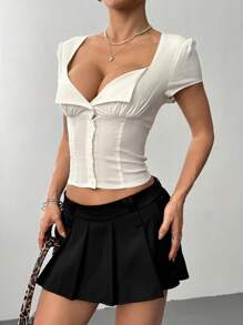 Flirla Femmes Blouse décontractée polyvalente quotidienne à couleur unie avec plis sur la poitrine et boutonnée, manches courtes, printemps/été