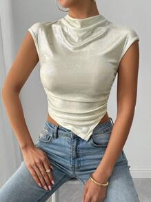 Chiquease Elegant High Neck Reflective Fabric Inverted Triangle Hem Short Sleeve T-Shirt