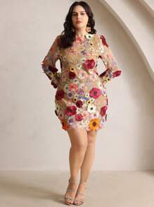 Anewsta 大码女式花卉刺绣修身迷你连衣裙，优雅春季 - 杏色 - 查看 5