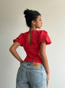 Aloruh Áo cánh thắt nơ cổ chữ V tay bồng ngọt ngào cho nữ, áo đỏ, trang phục thường ngày & nghỉ mát, xuân/hè - Đỏ - Xem 2