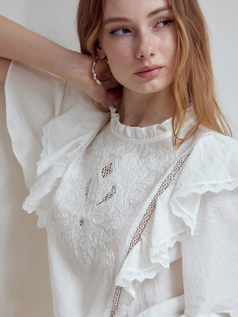 MOTF STUDIO FLORAL EMBROIDERY RUFFLE TRIM BLOUSE - Beige - View 2