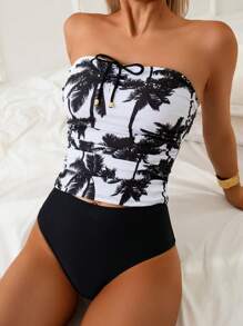 Swim Lushoire Springbreak 2025 New Women 2pcs Set Random Palm Tree Print Tube Top & Black Swimwear Shorts, Beach Vacation Casual Summer Ladies Tankini Swimwear Set