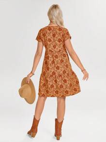 SHEIN LUNE 女士圆领短袖橙色提花浪漫假日迷你连衣裙，春夏 - 橘色 - 查看 2