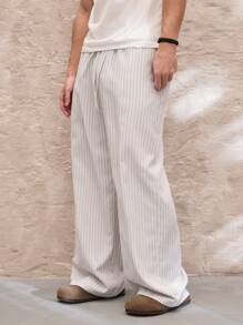 SWAVVY Standard Sized Men's Casual Loose Fit Wide Leg Pants, Light Grey & White Striped, Elastic Waist, Spring/Summer, School