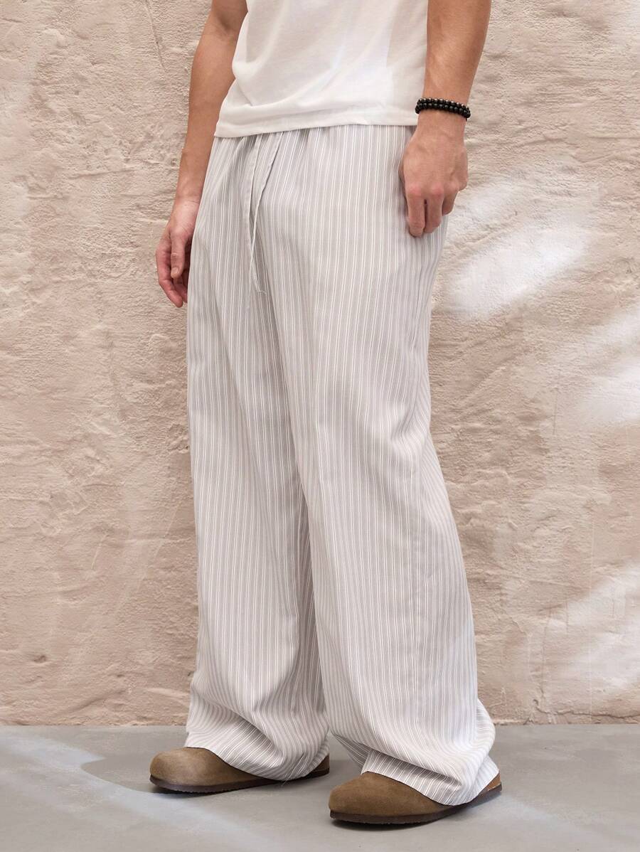 SWAVVY Standard Sized Men's Casual Loose Fit Wide Leg Pants, Light Grey & White Striped, Elastic Waist, Spring/Summer, School