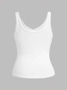 Slaydiva 2025 春夏新款休闲百搭基本款工字背心无袖圆领拼接蕾丝罗纹针织女式背心，白色，适合西部风、波西米亚风、海滩、婚礼宾客、复活节、狂欢节、音乐会女士、毕业典礼、运动