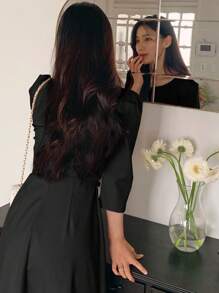 DAZY Women's Elegant Round Neck Waist Belt Midi Dress With 3/4 Sleeves Elegant - Black - View 5