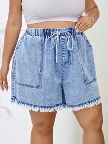 SHEIN CURVE+ Plus Size Women Drawstring Waist Fringe Detail Big Pocket Denim Shorts - Medium Wash - View 6