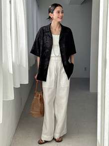 FRIFUL Áo sơ mi đen in hoa cỡ lớn cho nữ, áo mùa hè - màu đen - Xem 2