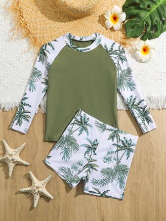 Ensemble De Maillots De Bain Anti-éruptions Cutanées À Manches Longues Imprimé Tropical Pour Jeune Garçon