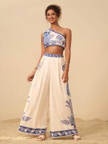 Travachic Áo yếm hở vai in họa tiết giản dị cho nữ đi nghỉ mát - Nhiều màu - Xem 1