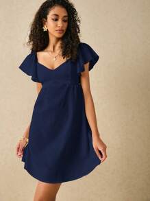 Poéselle 女士纯色女孩短袖休闲迷你连衣裙，简约风格