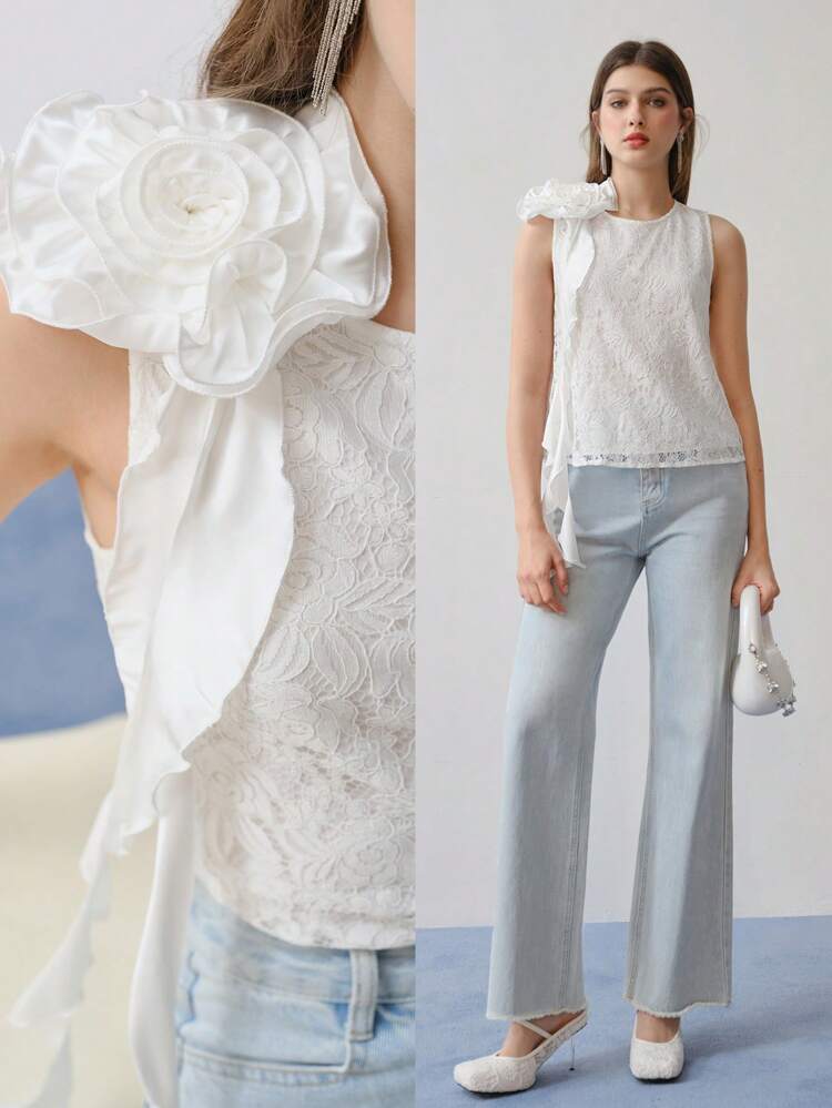 MOTF STUDIO STEREO FLORAL RUFFLE TRIM LACE SLEEVELESS BLOUSE,SPRING/SUMMER