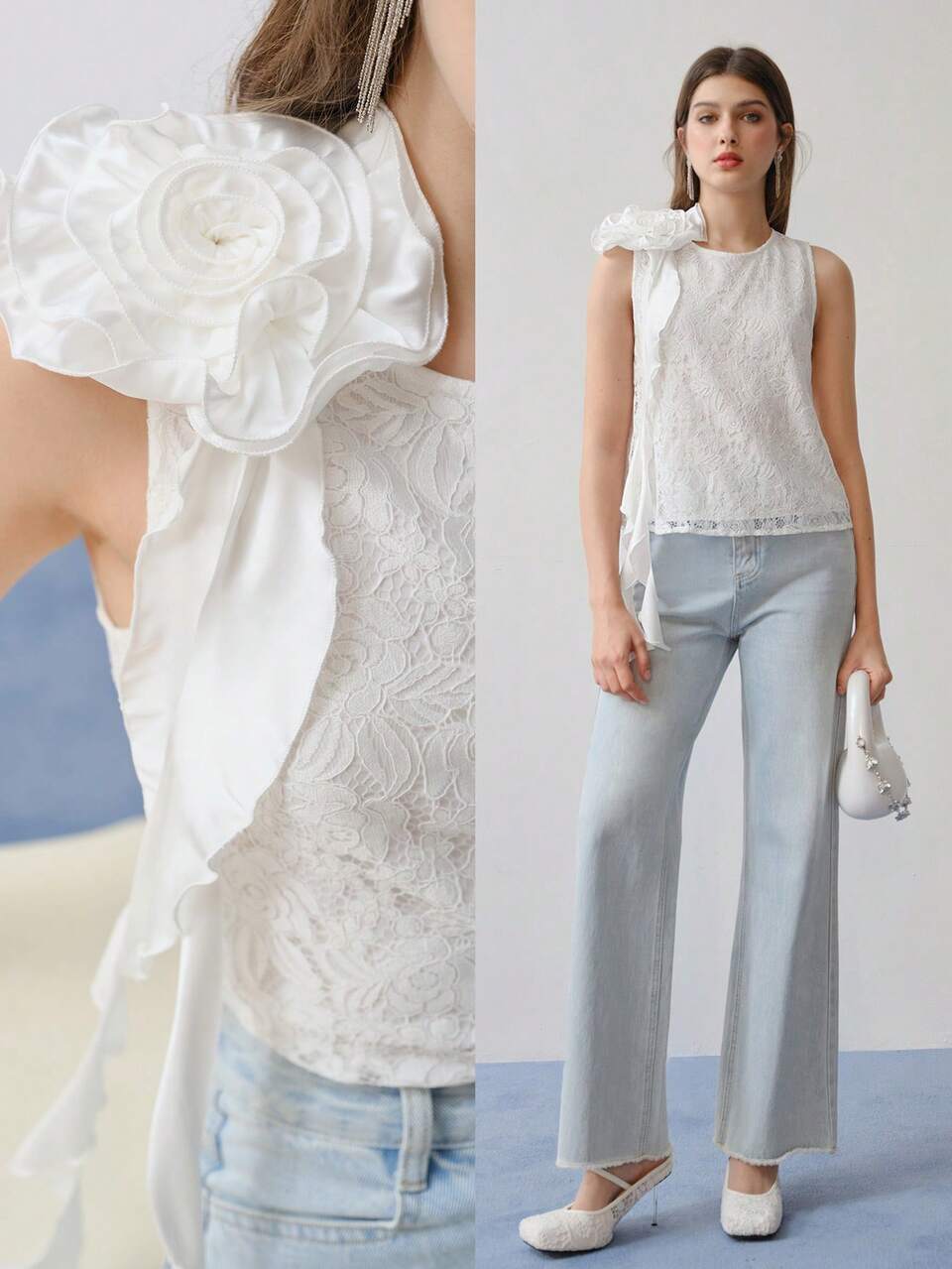 MOTF STUDIO STEREO FLORAL RUFFLE TRIM LACE SLEEVELESS BLOUSE,SPRING/SUMMER