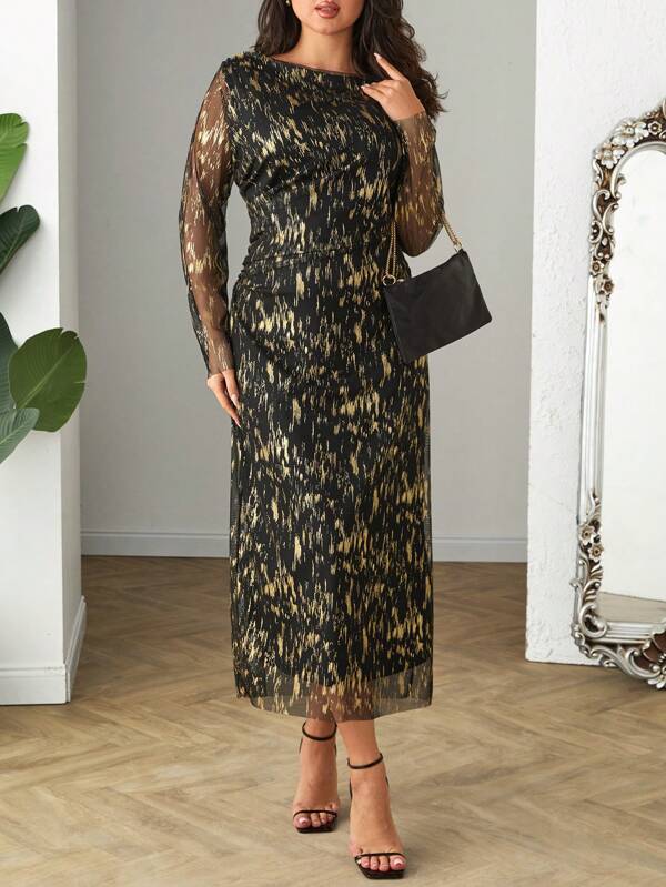 RueChic Decolteu barcă, acoperită cu folie de aur, rochie midi bodycon din plasă