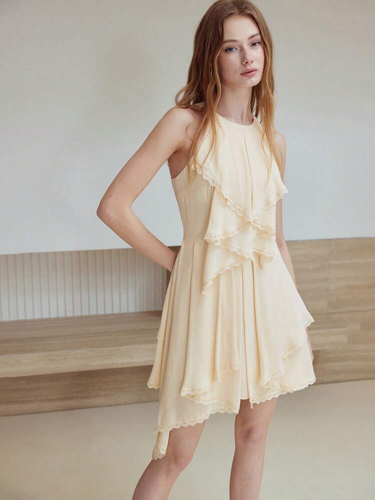 MOTF STUDIO CONTRAST LACE ASYMMETRICAL HEM DRESS