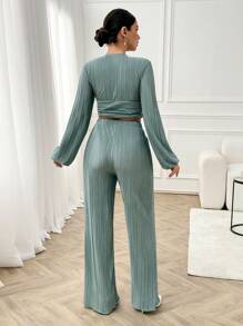 EURMUSE Woman Pleated Texture Fabric Casual 2piece Outfits Co Ords Balloon Sleeve Front Tie Detailed Top And Wide Leg Bottom - Mint Green - View 3