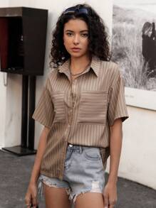 Chiquease Women's Casual Loose Striped Short Sleeve Shirts With Decorative Pockets, Suitable For Spring & Summer