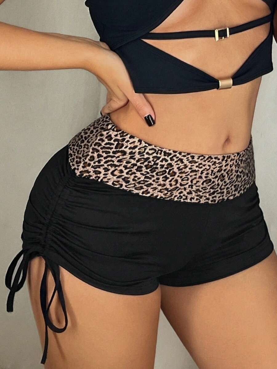 SHEIN ICON 女士低腰豹纹拼接侧抽绳短裤夏季短裤，休闲日常穿着 - 彩色 - 查看 1