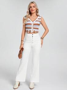 SHEIN LUNE Pantalon décontracté à patte d'éléphant avec boutons pour femmes, pour le printemps/été, en blanc