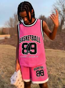 SHEIN Tween Boy Letter Printed Striped Round Neck Vest And Shorts Two-Piece Set - Hot Pink - View 1