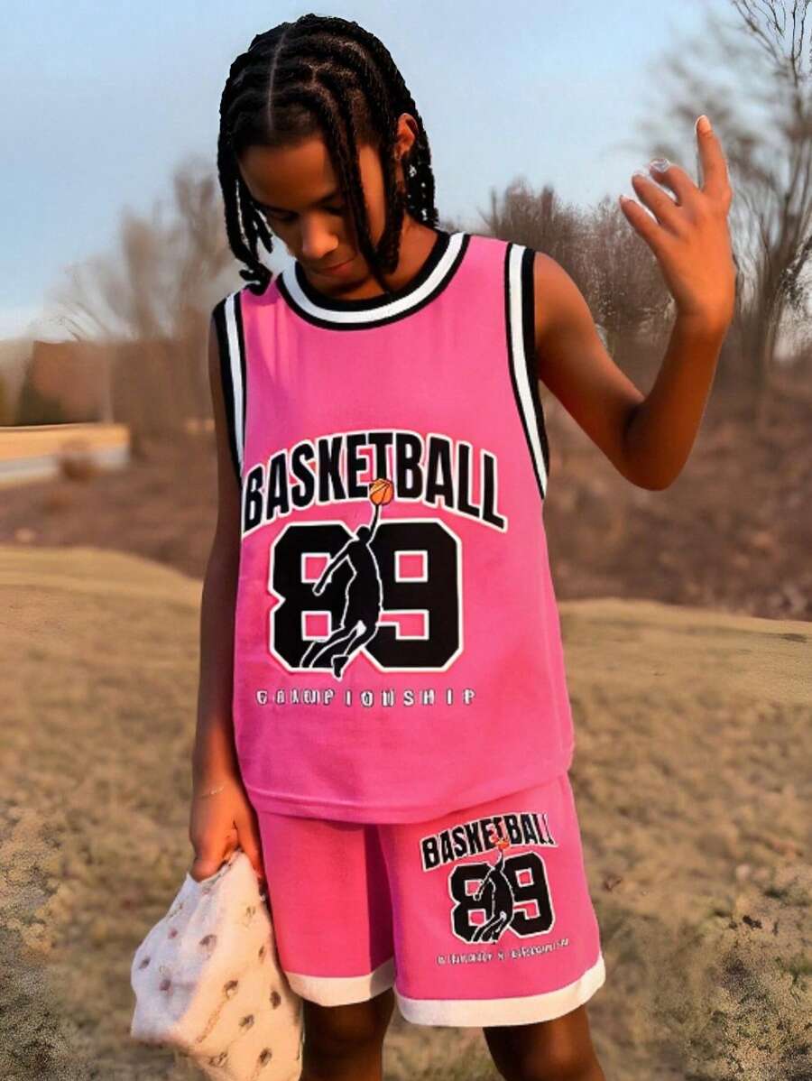 SHEIN Tween Boy Letter Printed Striped Round Neck Vest And Shorts Two-Piece Set - Hot Pink - View 1