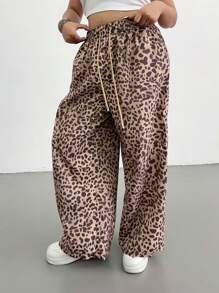 Flirla Plus Size Women Leopard Print Drawstring Waist Loose Straight Leg Pants, Western Wear - Multicolor - View 5