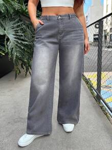 SHEIN EZwear Plus Size Relaxed Fit Straight Leg Jeans, Gray, Saint Patrick / St Patrick Day, Loose Straight Denim Jeans, Long Leg, All Season, Summer / Summers / Summer Clothes, Y2K Fashion Retro Grey Washed Low-Waisted Slanted Pocket Casual Wide Leg Baggy Jeans Loose Streetwear Jeans,Springs For Women / Spring,Summers For Women / Summer / Summer Clothes / Cute Summer Tops,Easter Dress / Easter / Easter Women,Concert Women / Raves / Raves Festival / Country Concert / Nashville / Ibiza,Western Wear Women / Western / Western Clothes For Women,Cowgirls For Women / Rodeos For Women / Cowgirl,Beach For Woman / Beach, Brunch For Women - Grey - View 1