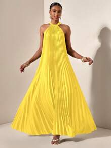 Zivah Beach Spring And Summer Casual Vacation Light Vacation Daily Dating Halterneck Sleeveless Pleated A-Hem Loose Maxi Skirt Dark Green Women's Maxi Dress-A,Sun Dress