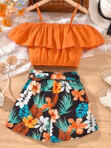 2pcs Tween Girls Orange Off Shoulder Cropped Cami Top & Colorful Tropical Leaf Printed Matching Set, Spring/Summer Holiday