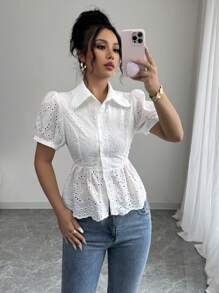 Gloray Hollow Puff Sleeve Wave Hem Elegant Office Lady Style Women Blouse, Summer