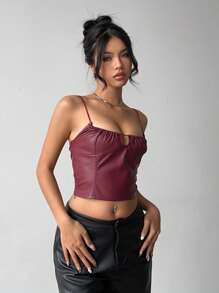 Aloruh Women's Sexy Solid Color Leather Strap Halter Neck Split U-Neck Knit Bodycon Camisole For Spring & Summer - Apricot - View 7