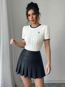 Elenzga 蝴蝶结刺绣女式圆领短袖针织上衣