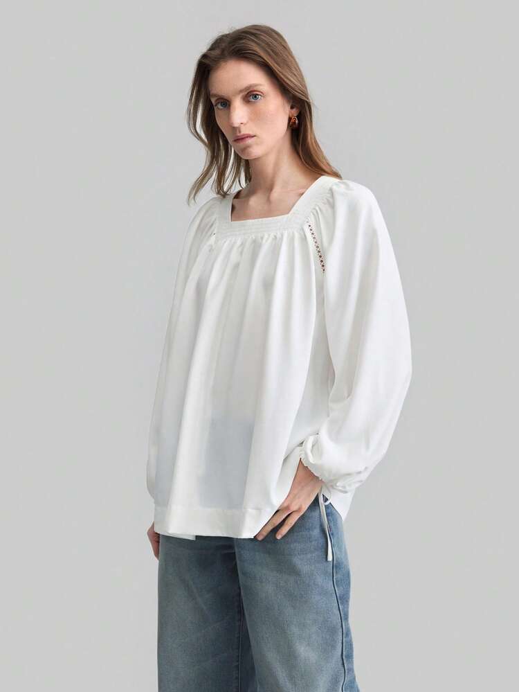 Women Square Collar Raglan Sleeve Long Sleeve Loose Casual Blouse