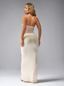 MISSGUIDED Halter Neck Evening Gown Twisted Front Detail Fishtail Maxi Dress Floor Length Special Occasion Wedding Guest Glamorous Party Formal Gown - Apricot - View 2