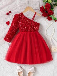 Glamorique Kids 女孩年轻女孩舞会礼服采用红色闪亮亮片面料设计，配有网眼蝴蝶细节，优雅适合派对和庆典 - 紅色 - 查看 2