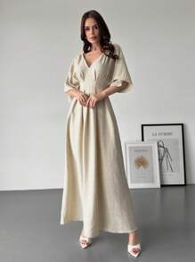 Firerie New Elegant Large Umbrella Skirt Apricot Off-The-Shoulder Short-Sleeved Imitation Linen Pleated Women's Dress Summer Outfits For Women Sundress Vacation Outfits