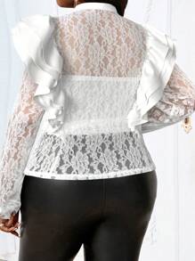 SHEIN Lady Elegante abrigo de mujer con parches de encaje negro y volantes, combinación de PU para primavera, verano, otoño e invierno