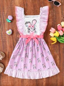 SHEIN Young Girl Cute Rabbit Graphic Print Ruffled Collar Dress,Kids Easter Bunny Clothes Lavender,Summer,Fairy,Birthday,Wedding Guest Bunny Dress For Girls - Multicolor - View 1