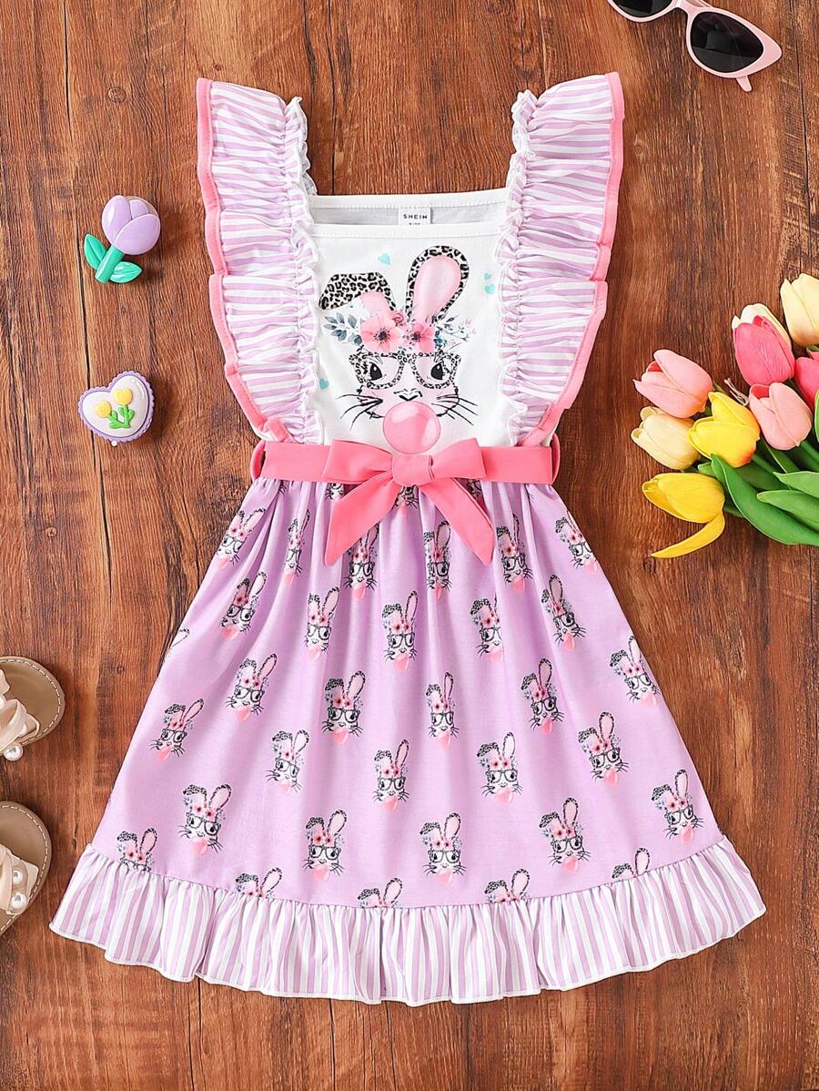 SHEIN Young Girl Cute Rabbit Graphic Print Ruffled Collar Dress,Kids Easter Bunny Clothes Lavender,Summer,Fairy,Birthday,Wedding Guest Bunny Dress For Girls - Multicolor - View 1