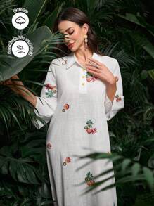 Al Najma 女式花卉印花 Polo 领 3/4 袖阿拉伯长袍连衣裙，阿拉伯连衣裙，端庄 - 彩色 - 查看 7