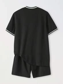 SHEIN Tween Boy Letter Graphic Baseball Collar Shirt & Shorts Without Tee - Black - View 2