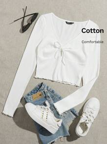 SHEIN EZwear Lettuce Trim Knot Front Rib-knit Tee