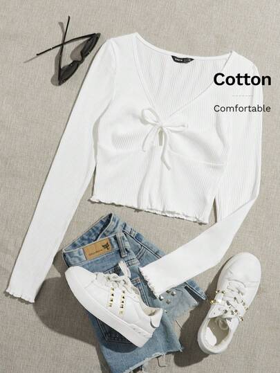 SHEIN EZwear Lettuce Trim Knot Front Rib-knit Tee