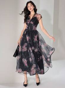 Heiryn Women's Floral Print Mesh Puff Sleeve Waist Fitted Elegant Dress