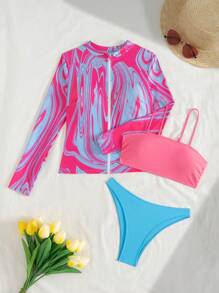 Swim SPRTY Set de 3 piezas compuesto por chaqueta con cremallera + conjunto de bikini de mujer, con estampado aleatorio, apto para verano, playa, natación, deportes, surf, festivales, estilo bohemio