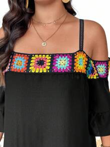 Breezaya Plus Size Women's Black Bohemian Crochet Lace Off Shoulder Spaghetti Strap 3/4 Sleeve Ruffle Hem Slim Knee-Length Dress, Spring/Summer